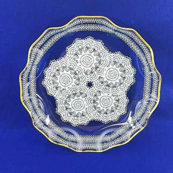 Unbranded Other - Glass Platter Gold Ruffled Rim Printed White Doily Pattern Vintage 10" Diameter